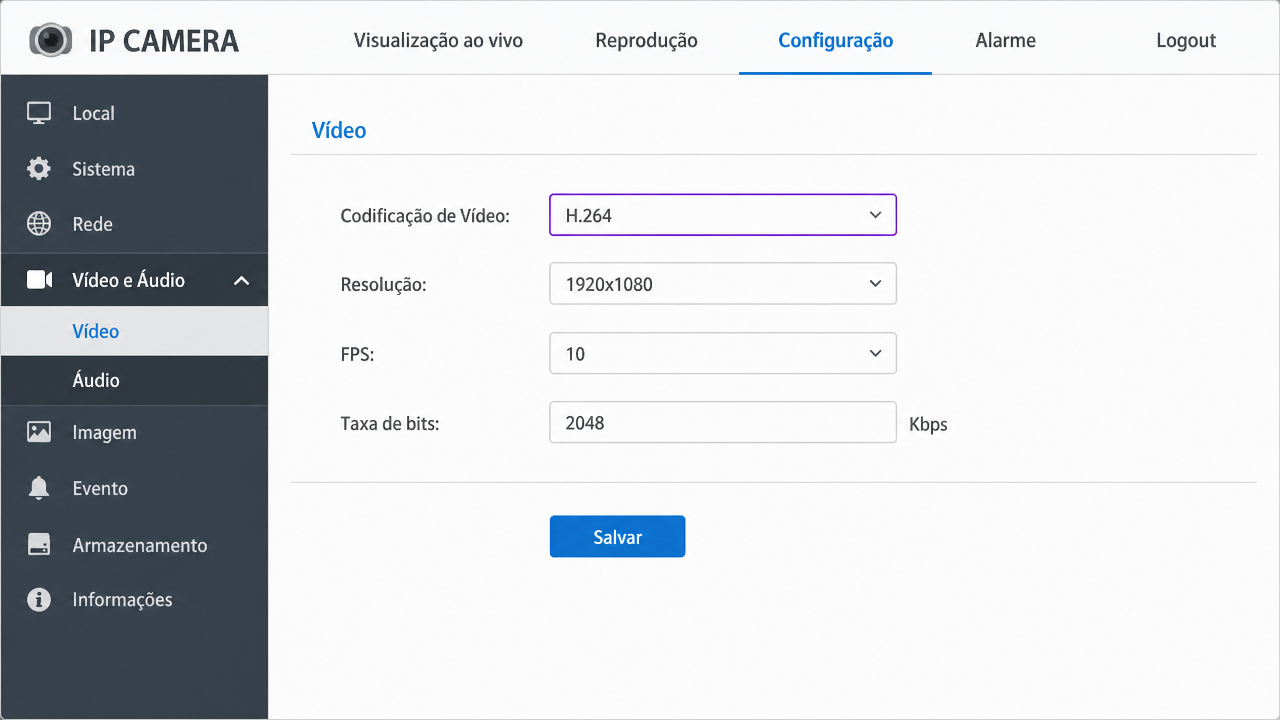 Tela de configuração de vídeo da câmera com H.264 selecionado