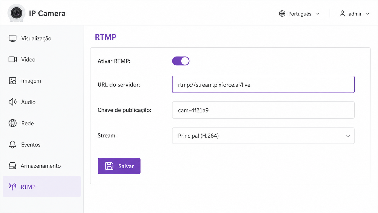 Tela de configuração RTMP da câmera com a URL de publicação preenchida