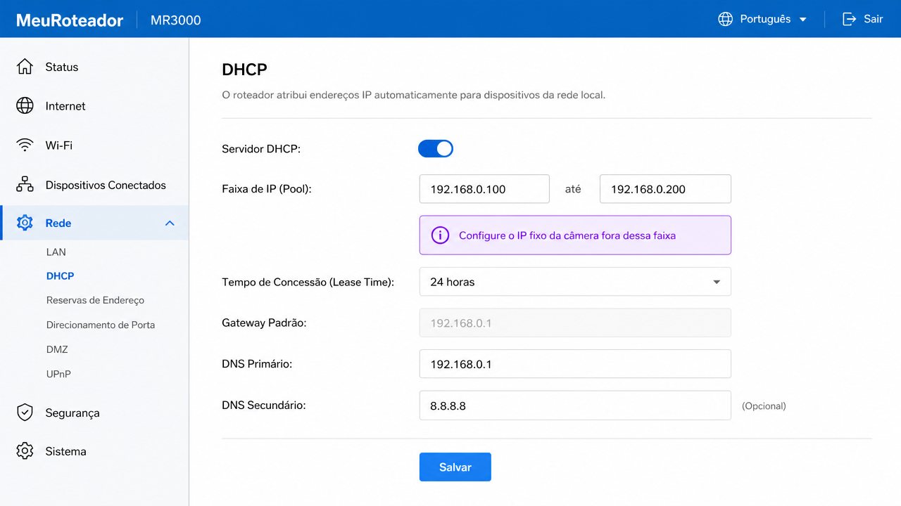 Faixa de IPs distribuída pelo DHCP na tela do roteador